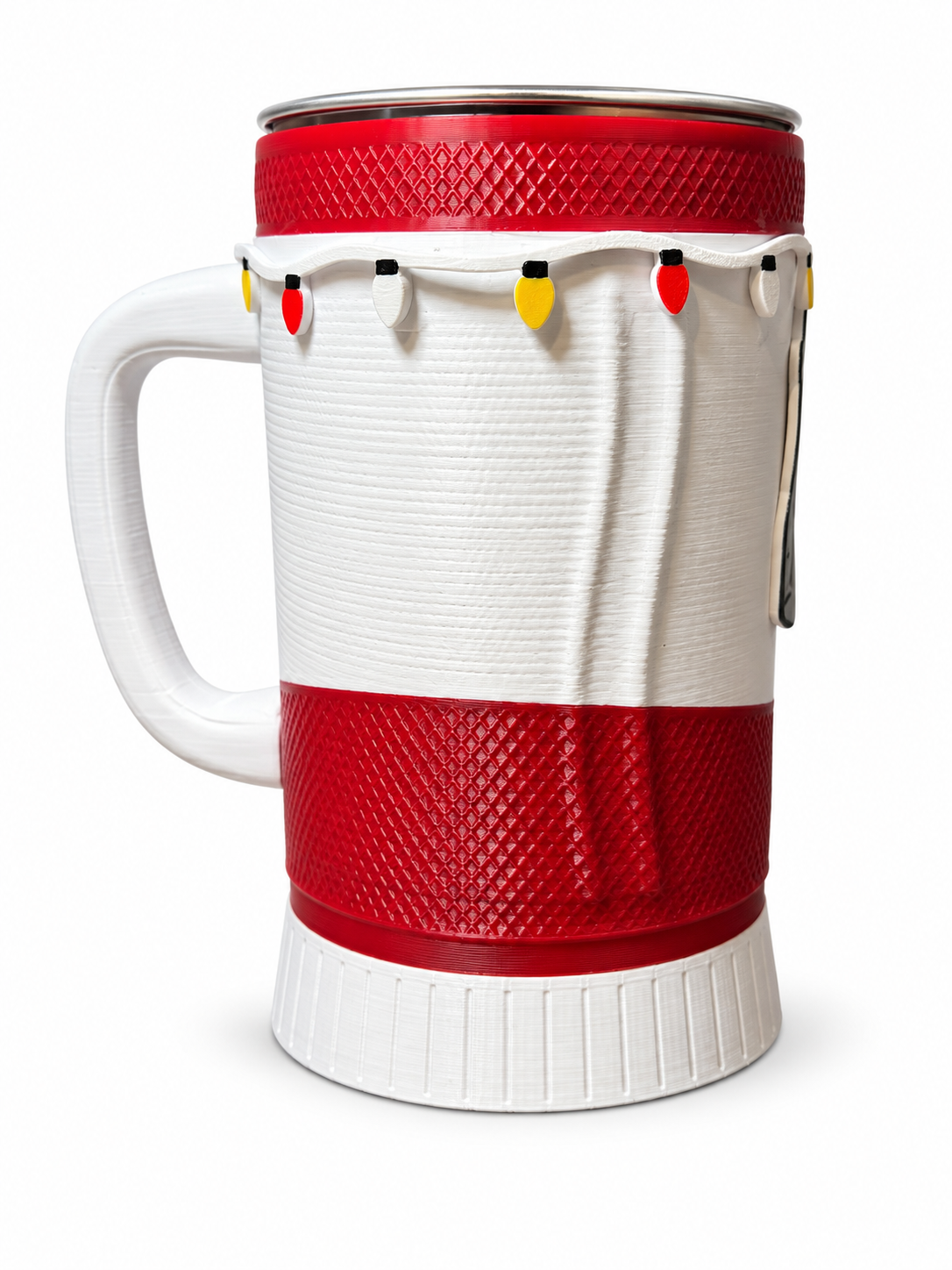 Actual printed cup showing the shaped white handle, raised lines and red textured band