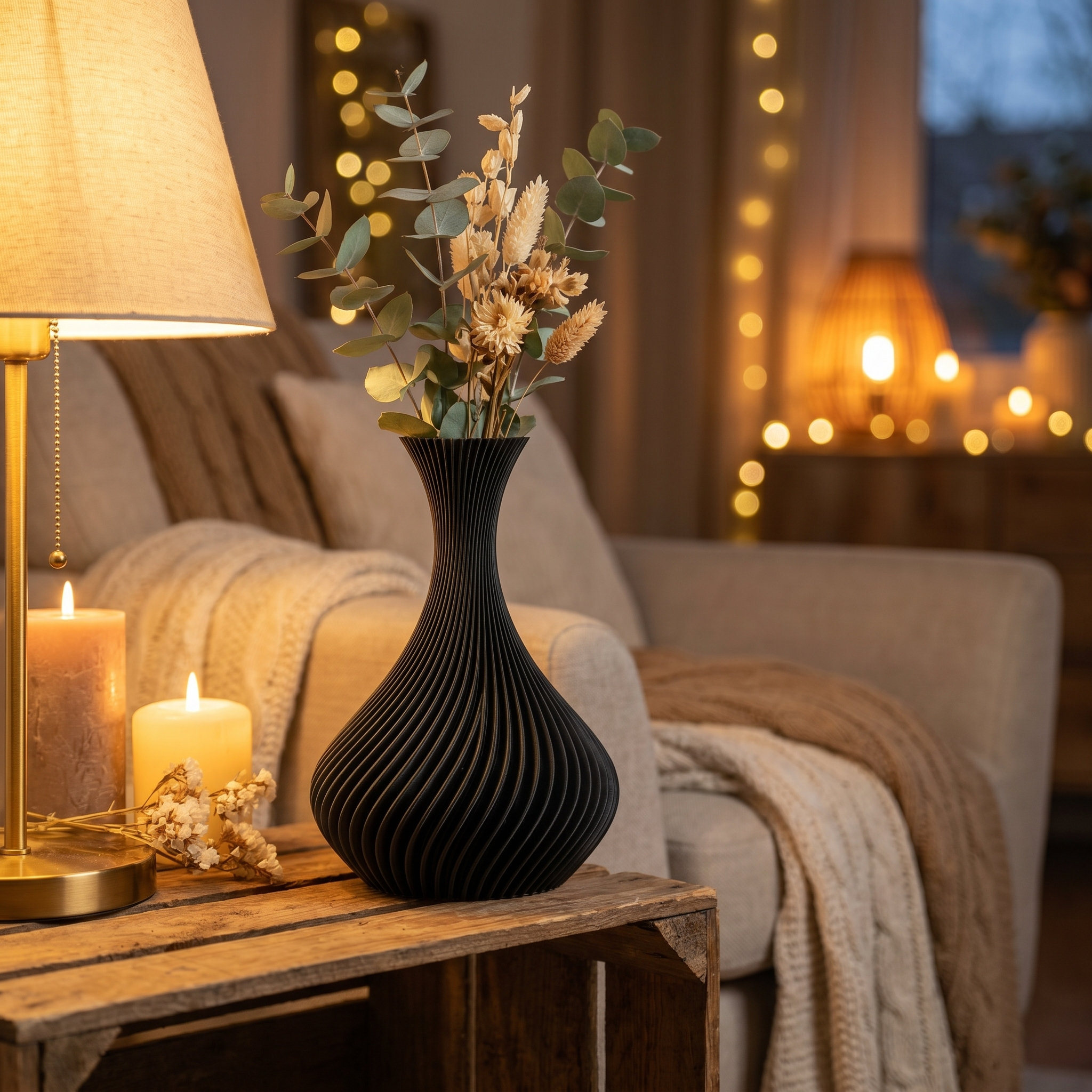 Matte black spiral vase for pampas grass and dried florals