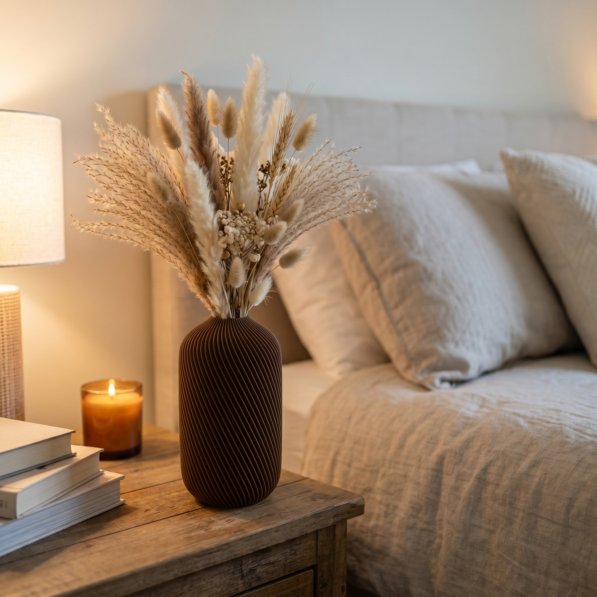 Ribbed walnut brown boho vase for pampas grass and dried stems