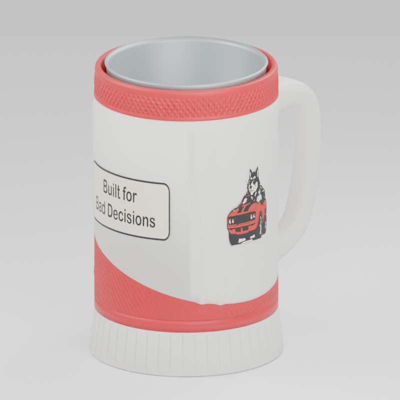 Muscle Car Wolf cup — 3D design preview in red and white. Customize colors before adding to cart.