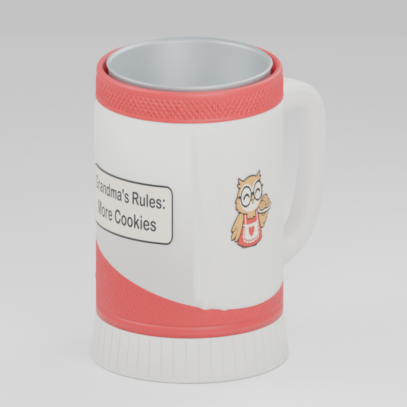 Grandma Owl cup — 3D design preview in red and white. Customize colors before adding to cart.